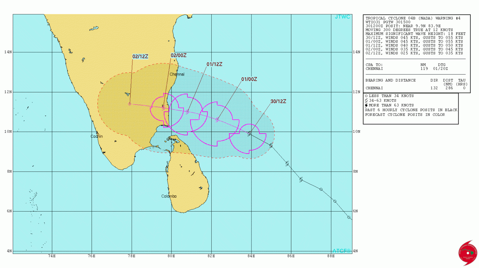 Tropical Cyclone Nada 3-day forecast track