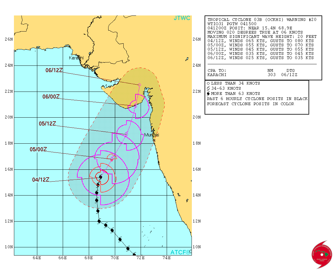 Tropical Cyclone Ockhi forecast track by JTWC on December 4, 2017