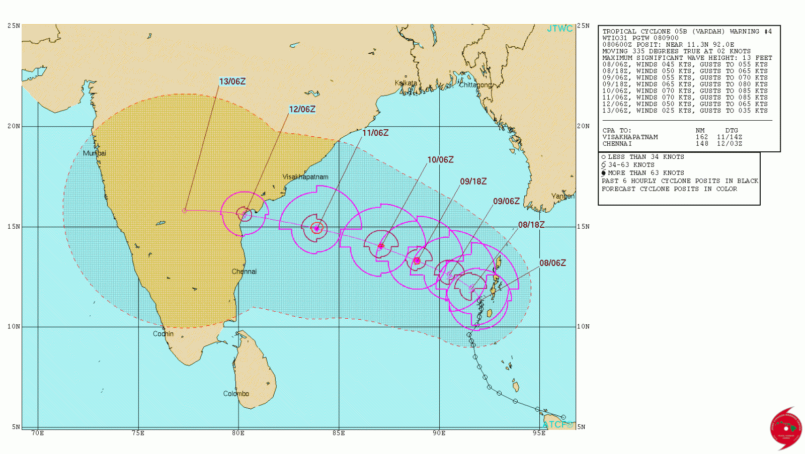 Tropical Cyclone Vardah 6-day forecast track