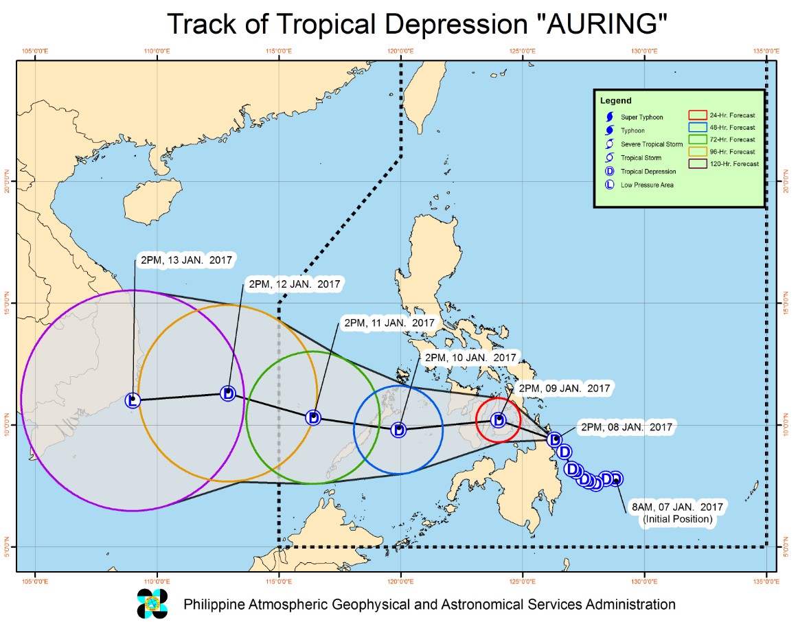 Tropical Depression Auring - Forecast track by PAGASA on January 8, 2017
