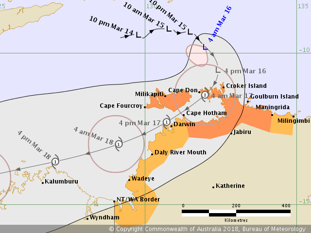 Tropical low soon to be Tropical Cyclone Marcus forecast track by BOM at 18:21 UTC March 15, 2018