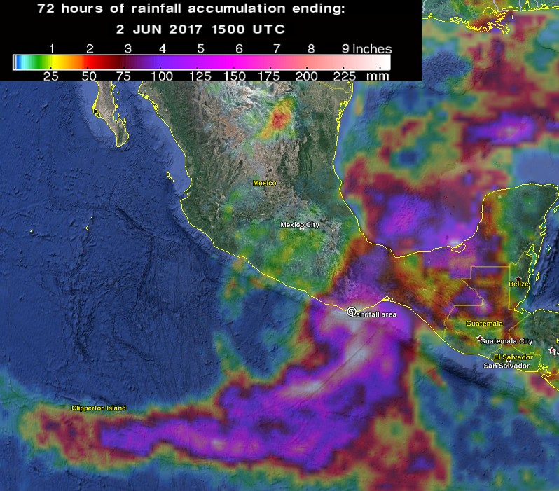 Tropical Storm Beatriz total rainfall accumulation ending 15:00 UTC on June 2, 2017