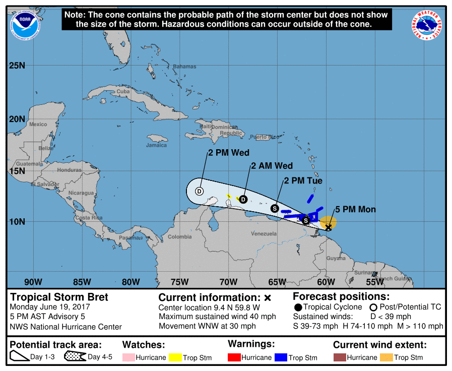 Tropical Storm Bret forecast track by NWS on June 19, 2017