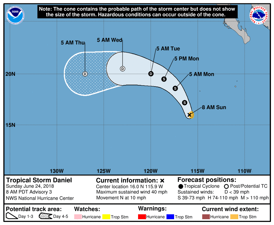 Tropical Storm Daniel June 24, 2018 forecast track