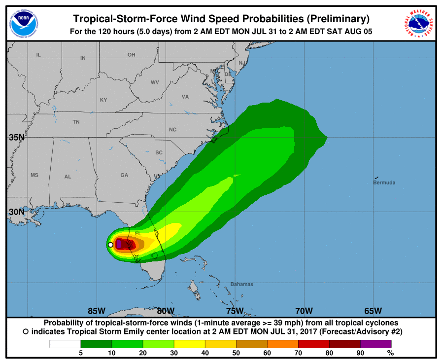 Tropical Storm Emily NHC wind speed probabilities July 31, 2017