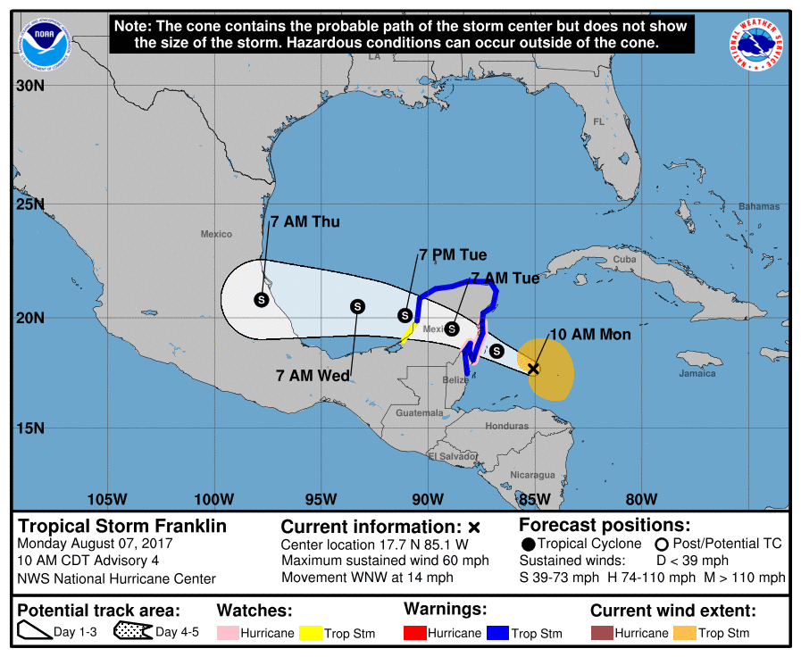 Tropical Storm Franklin NHC forecast track on August 7, 2017