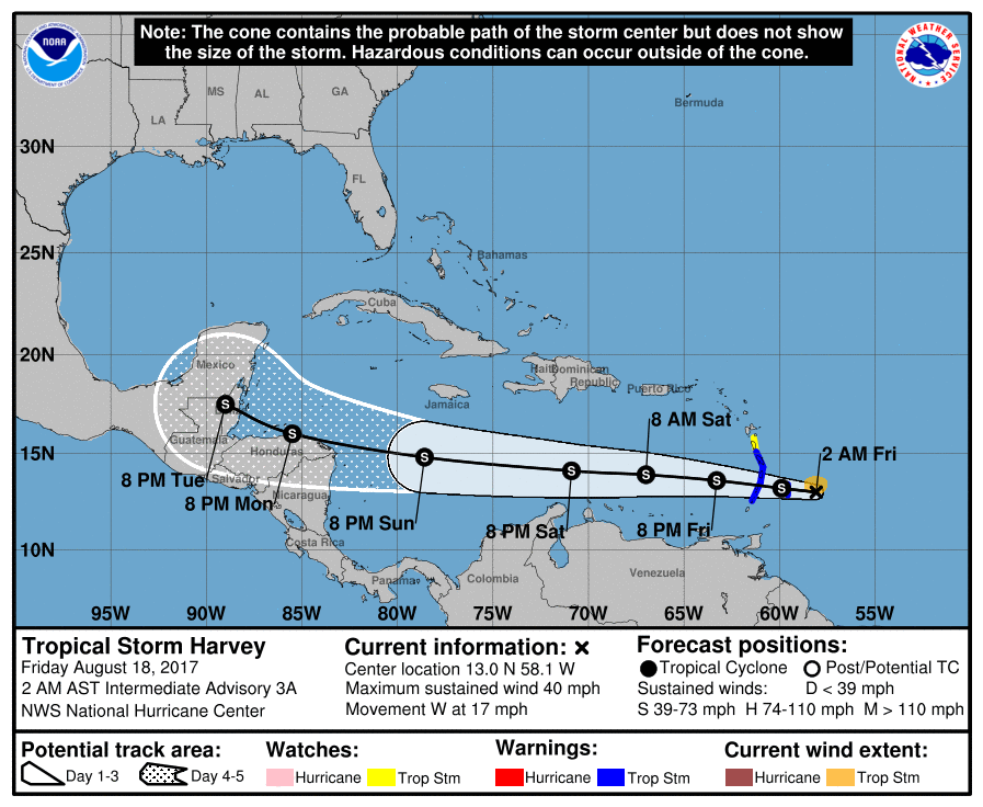 Tropical Storm Harvey NHC forecast track on August 18, 2017