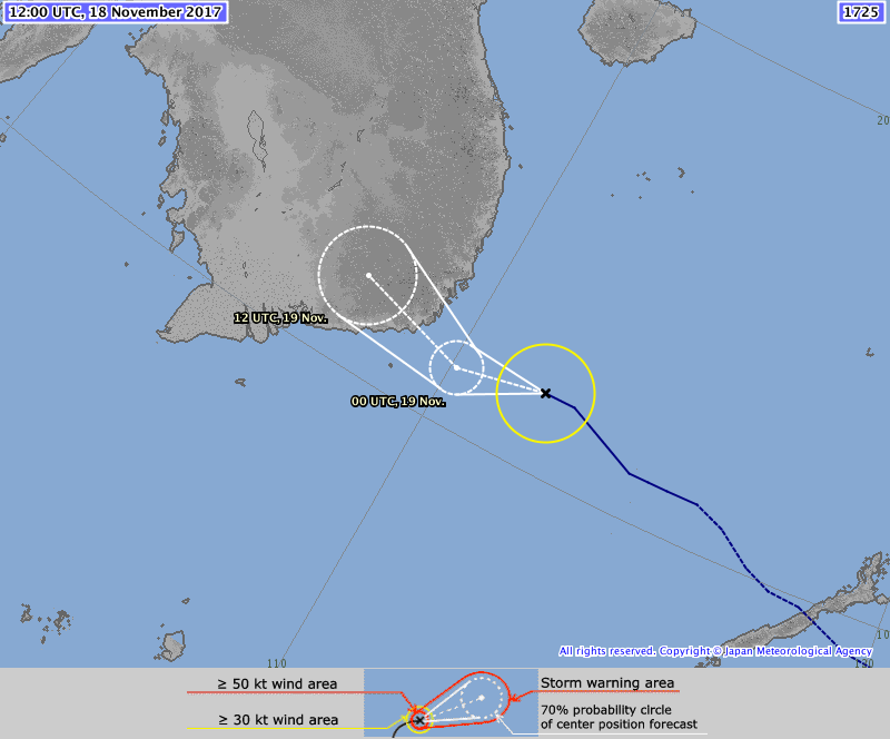 Tropical Storm Kirogi forecast track by JTWC on October 18, 2017