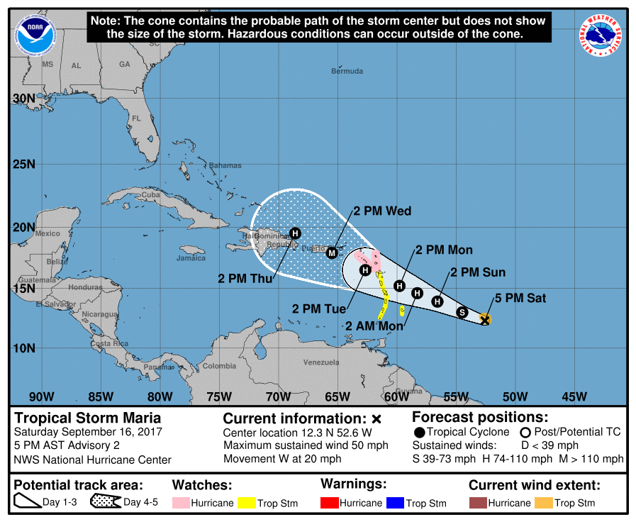 Tropical Storm Maria forecast track September 16, 2017