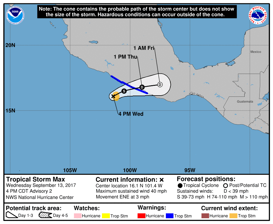 Tropical Storm Max forecast track by NHC on September 13, 2017
