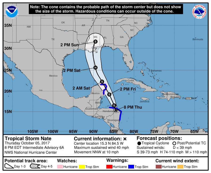 Tropical Storm Nate forecast track October 6, 2017