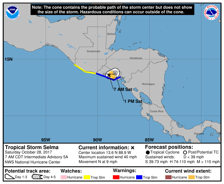 Tropical Storm Selma forecast track by NWS at 12:00 UTC on October 28, 2017