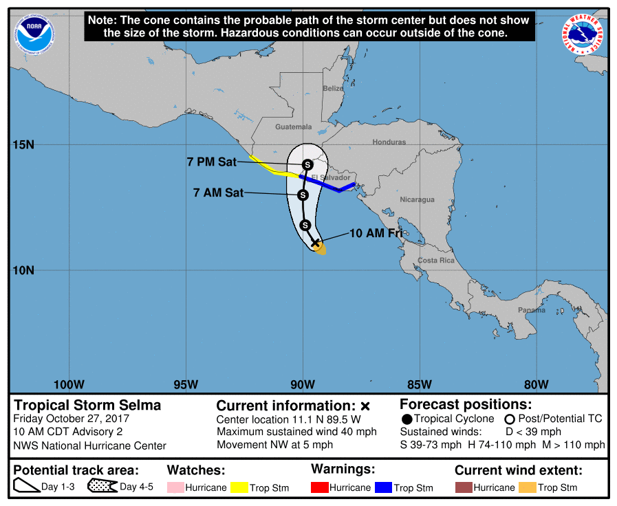 Tropical Storm Selma NHC forecast track at 15:00 UTC on October 27, 2017