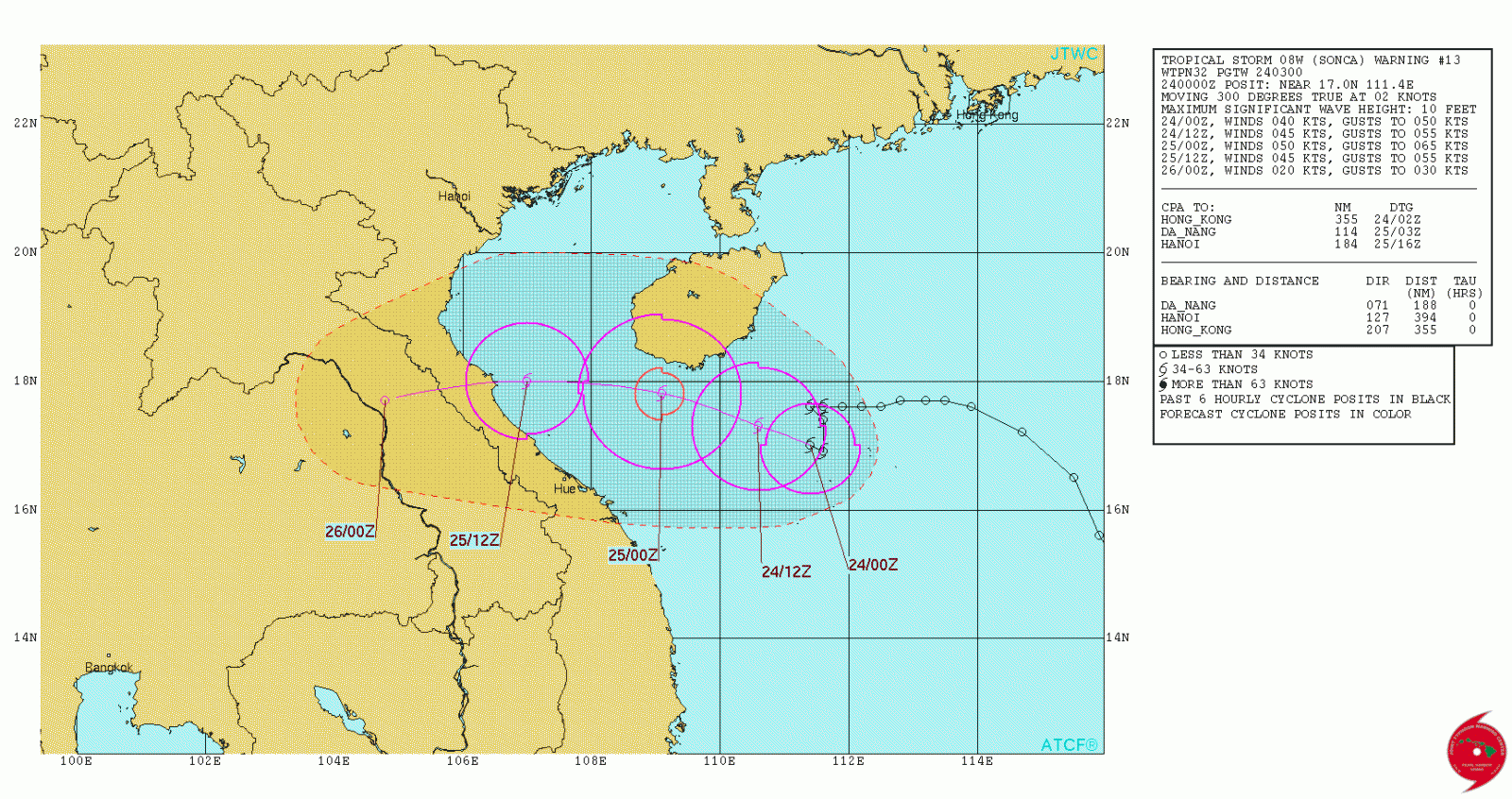 Tropical Storm Sonca JTWCforecast track on July 24, 2017
