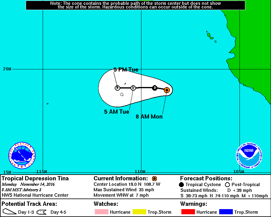 Tropical Storm TIna forecast track by NWS on November 14, 2016