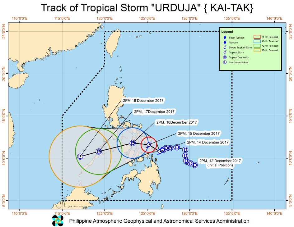 Tropical Storm Urduja (Kai-Tak) forecast track by PAGASA at 09:00 UTC on December 14, 2017