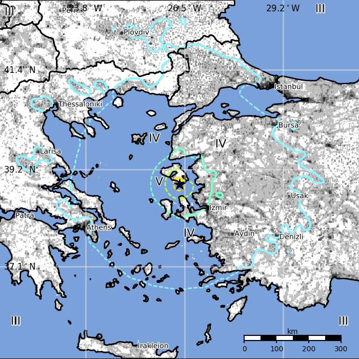 Turkey Greece border region earthquake June 12, 2017 - Estimated population exposure