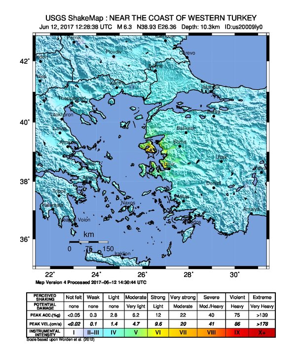 Turkey Greece border region earthquake June 12, 2017 - ShakeMap