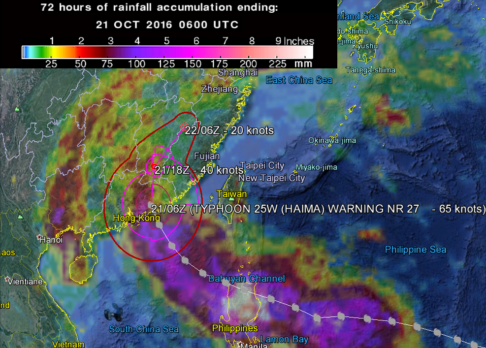Typhoon Haima 24-hour forecast track and 72-hr rainfall accumulation, as observed by the GPM Core Observatory. Image credit: JTWC/Google/NASA/JAXA/GPM
