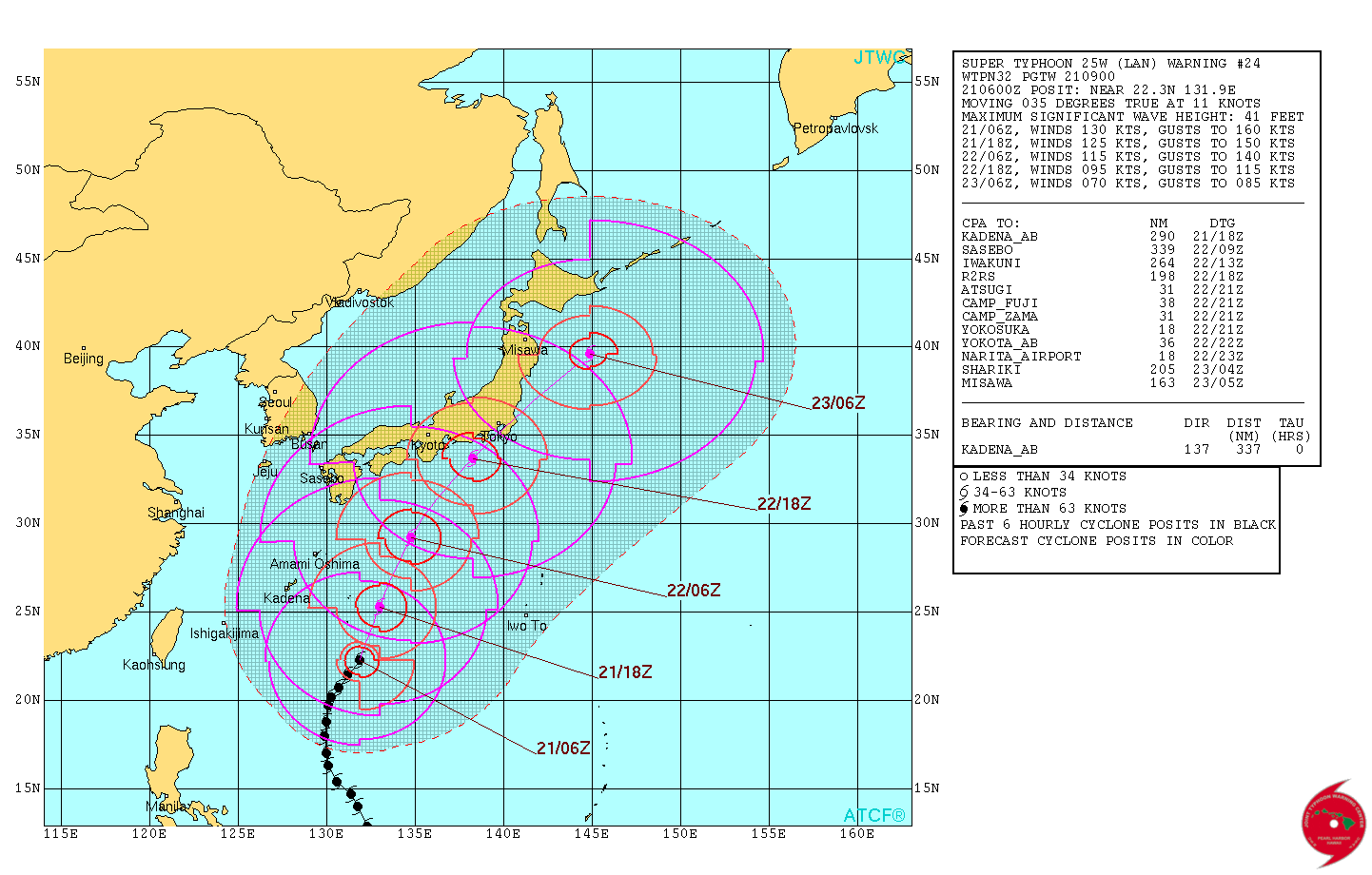 Typhoon Lan forecast track by JTWC at 09:00 UTC on October 21, 2017