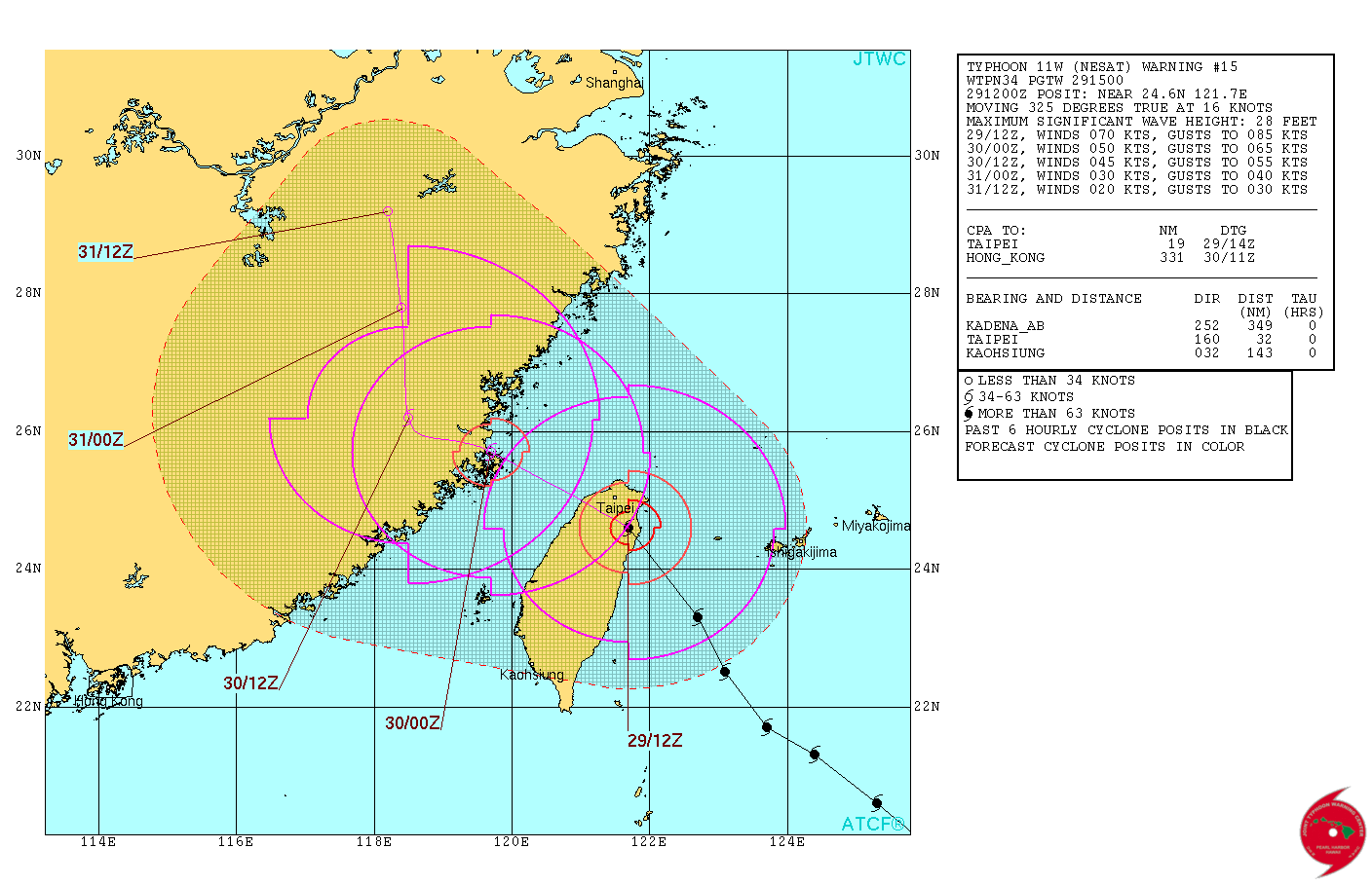 Typhoon Nesat forecast track by JTWC at 15:00 UTC on July 29, 2017