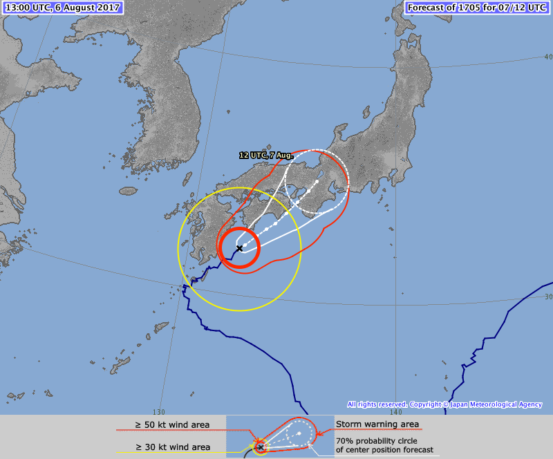 Typhoon Noru forecast track by JMA at 13:00 UTC on August 6, 2017