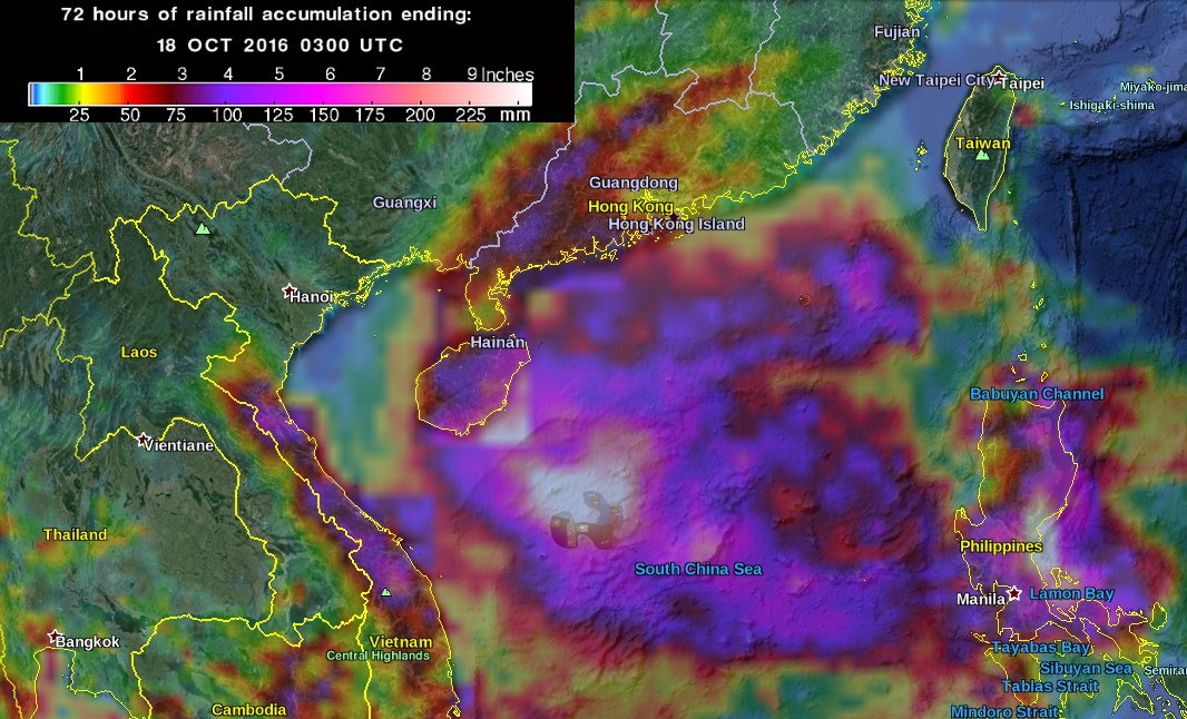 Typhoon Sarika - 72 hours of rainfall accumulation by 03:00 UTC on October 18, 2016