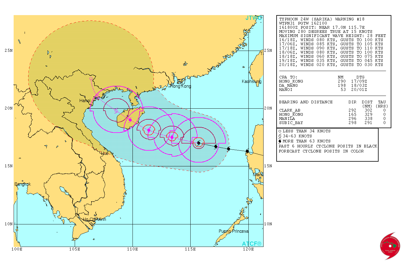 Typhoon Sarika forecast track by JTWC at 21:00 UTC on October 16, 2016