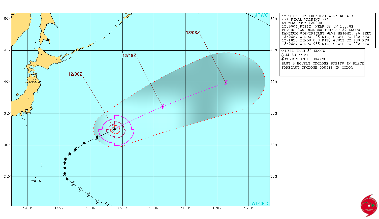 Typhoon Songda 24-hour forecast track. Image credit: JTWC
