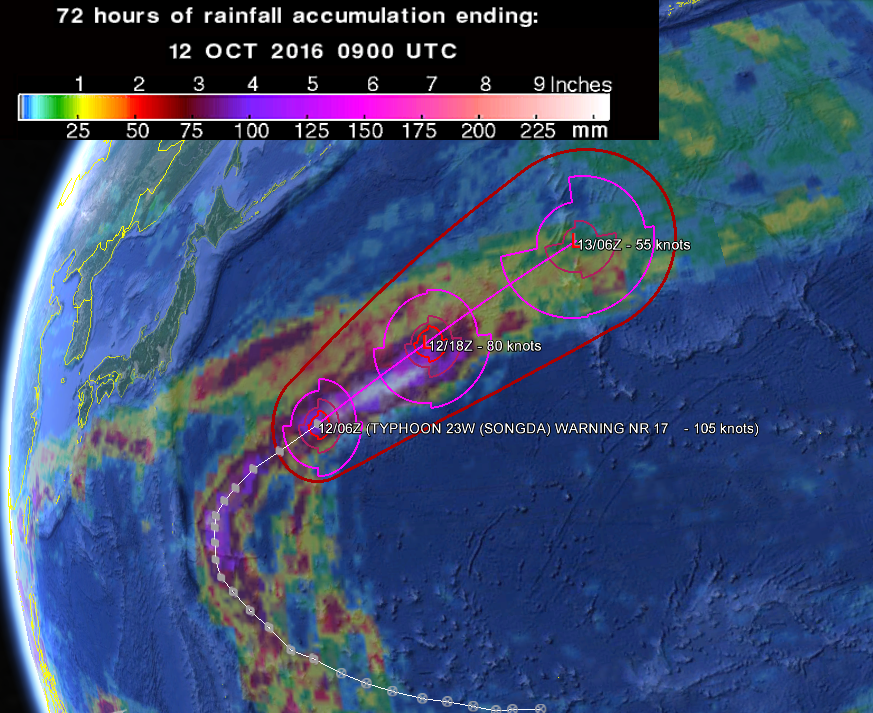Typhoon Songda 24-hour forecast track and 72-hr rainfall accumulation. Image credit: Google/JTWC/NASA/GPM