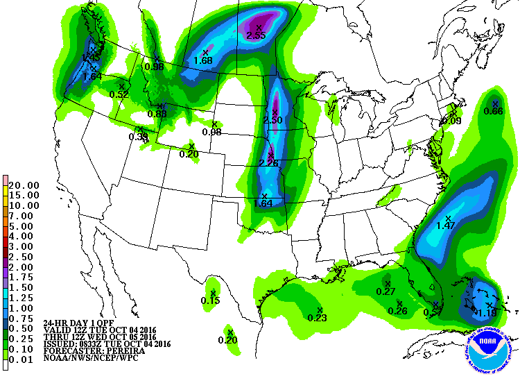 United States 24-hr precipitation forecast, valid for October 4/5 2016. Image credit: NOAA/NWS/NCEP/WPS