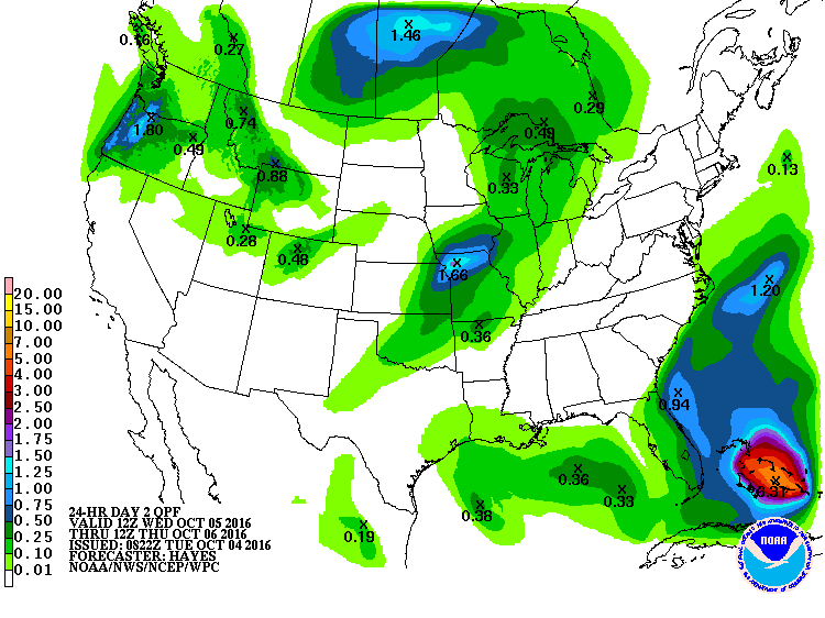 United States 24-hr precipitation forecast, valid for October 5/6, 2016. Image credit: NOAA/NWS/NCEP/WPS