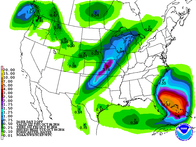 United States 24-hr precipitation forecast, valid for October 6/7, 2016. Image credit: NOAA/NWS/NCEP/WPS