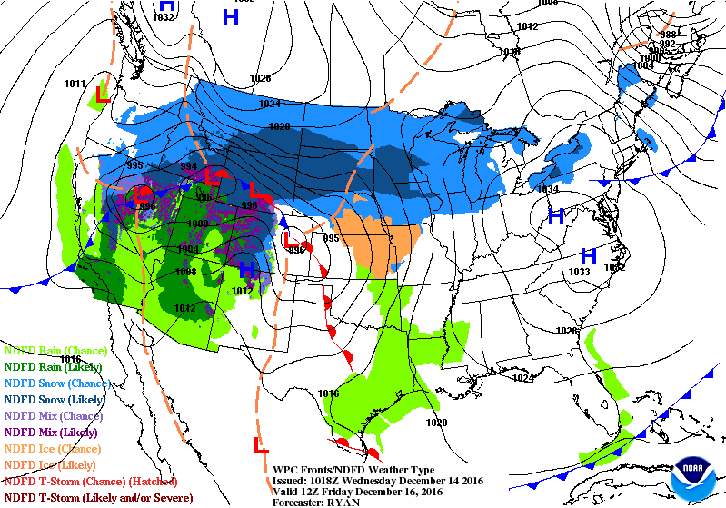 Forecast for pressure system over the US, December 16, 2016