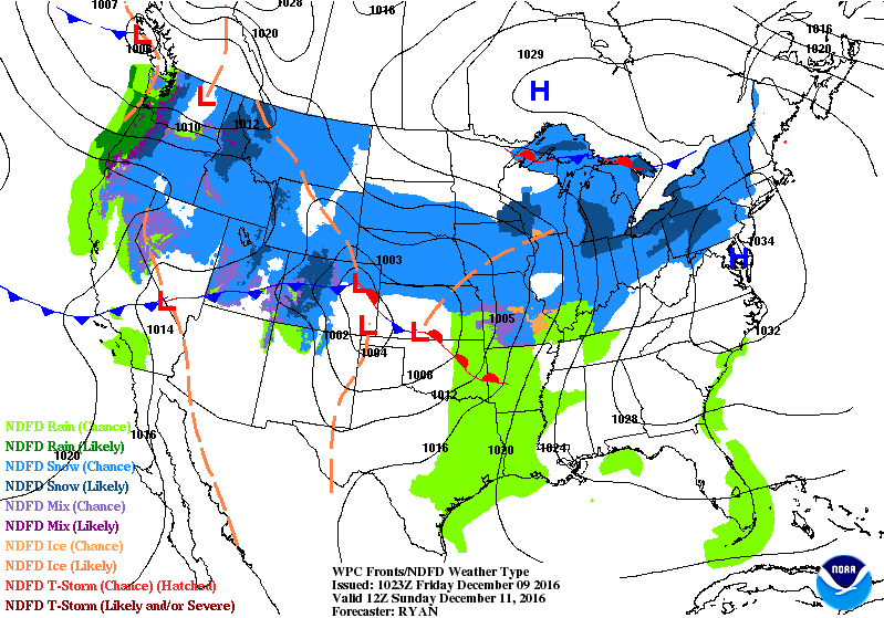 Pressure system forecast over US, December 11, 2016