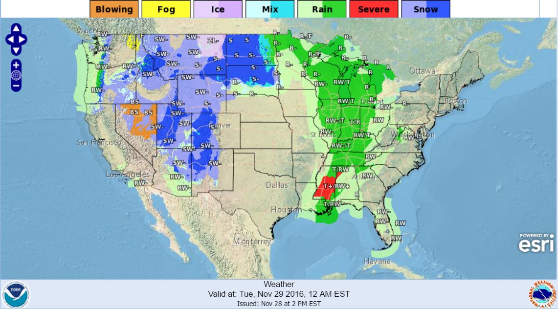 US weather conditions forecast for November 29, 2016