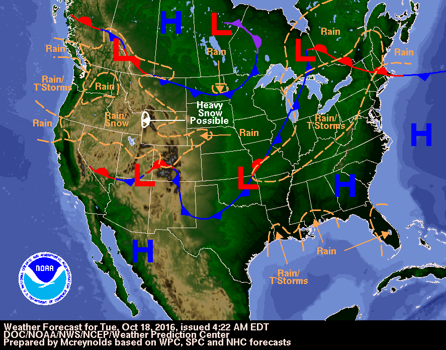 Weather forecast for October 18, 2016. Image credit: DOC/NOAA/NWS/NCEP/WPC