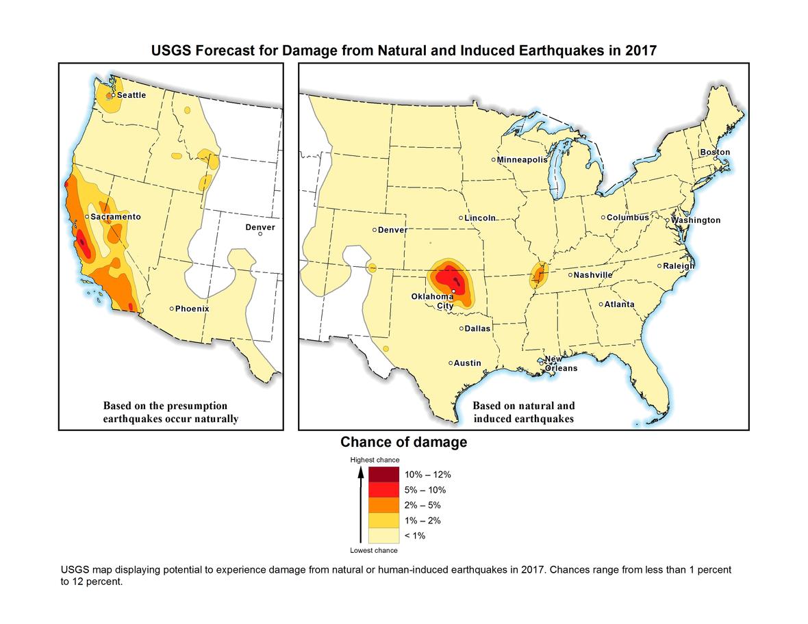 USGS forecast for damage from natural and induced earthquakes in 2017