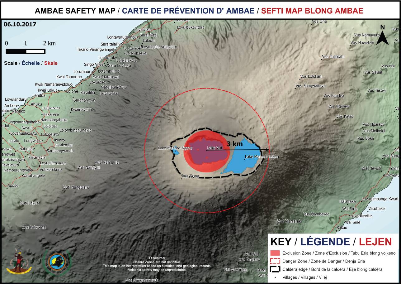 Ambae volcano hazard map, Vanuatu