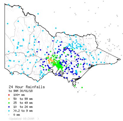 24 hour rainfall over Victoria, AU - by 09:00 local time, January 30, 2018
