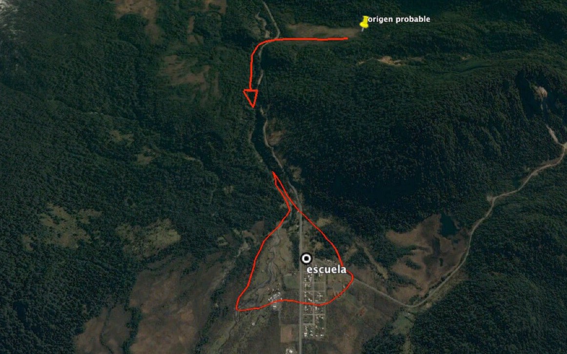 Villa Santa Lucía mudslide, Chile - December 16, 2017. Estimated origin and flow projection.
