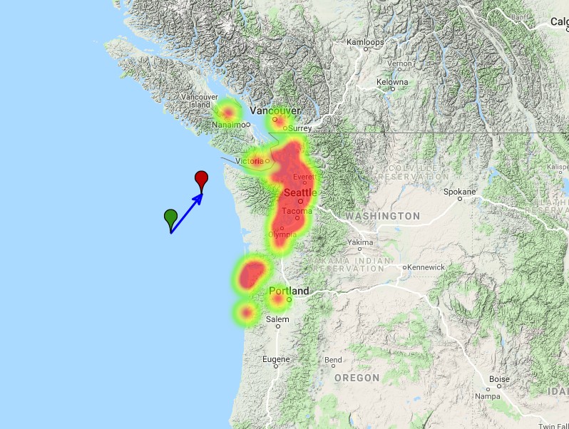 Fireball over Washington and British Columbia February 19, 2018 heatmap