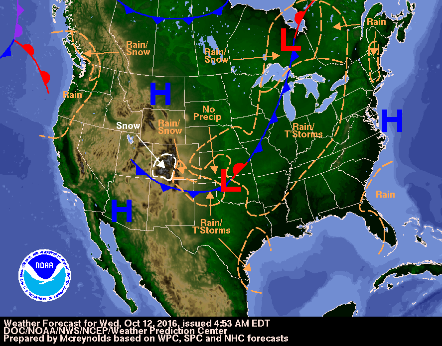 Weather forecast for October 12, 2016. Image credit: DOC/NOAA/NWS/NCEP/Weather Prediction Center