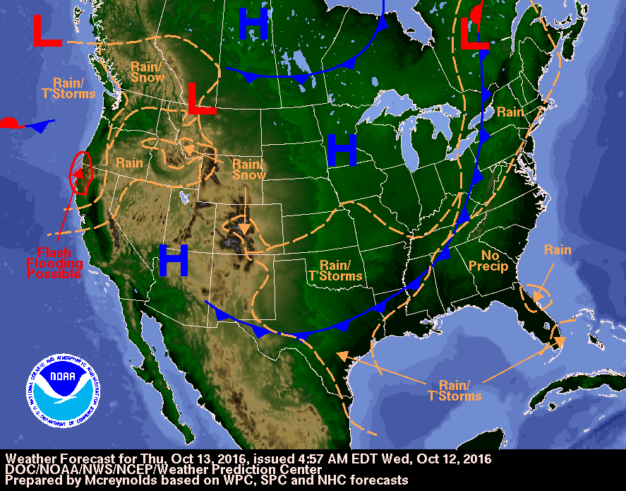 Weather forecast for October 13, 2016. Image credit: DOC/NOAA/NWS/NCEP/Weather Prediction Center