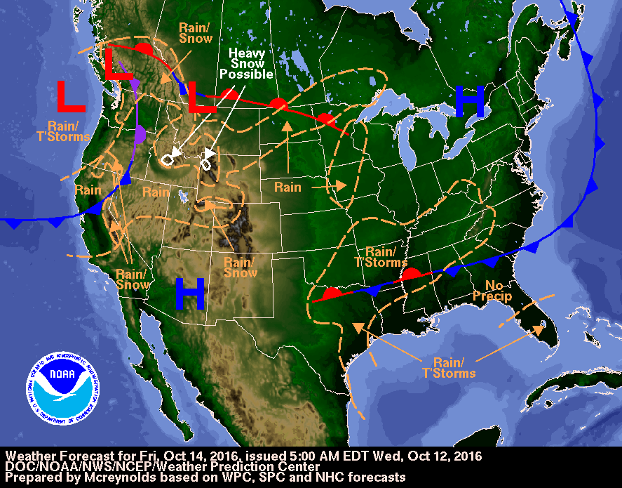 Weather forecast for October 14, 2016. Image credit: DOC/NOAA/NWS/NCEP/Weather Prediction Center