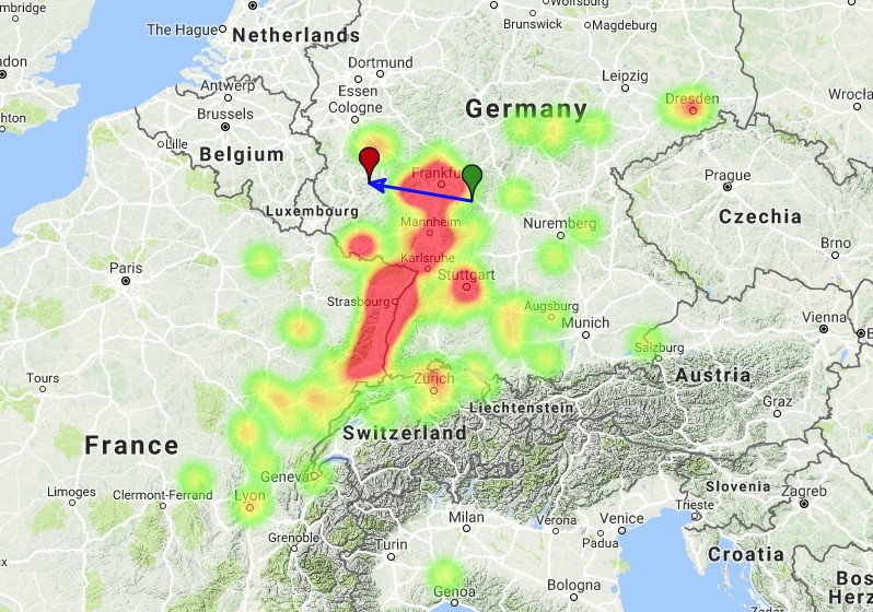 Western Germany fireball on November 14, 2017 - Heatmap and trajectory