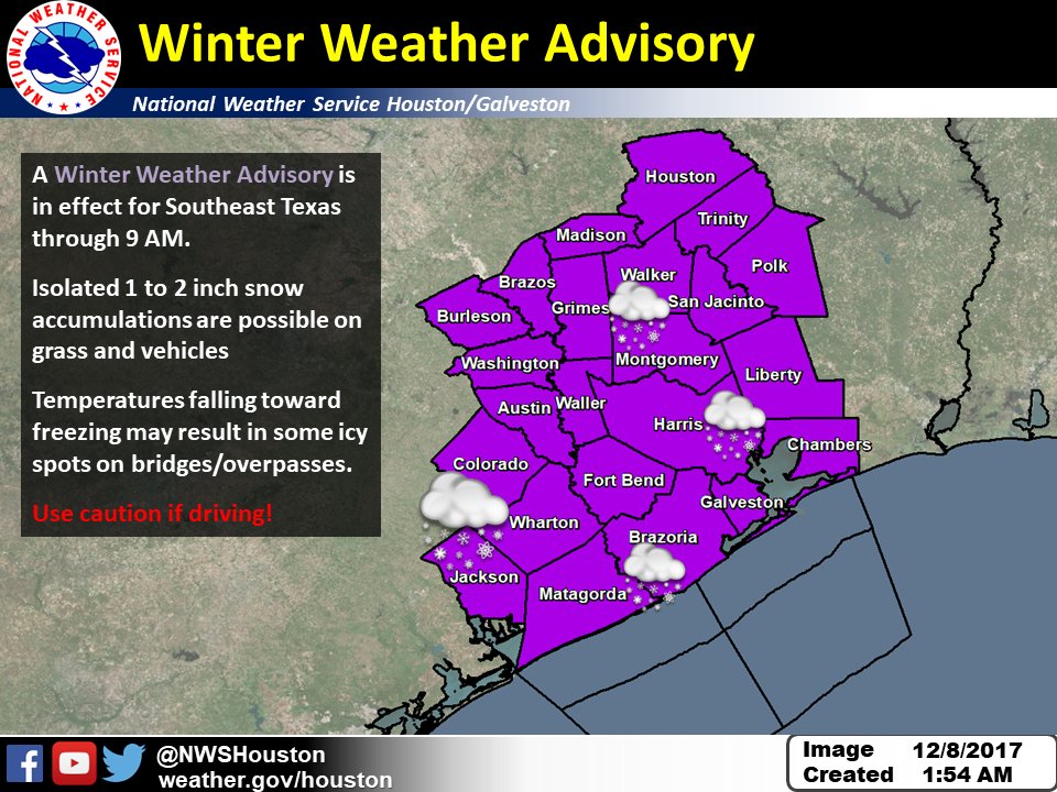 Winter Weather Advisories SE Texas - December 8, 2017