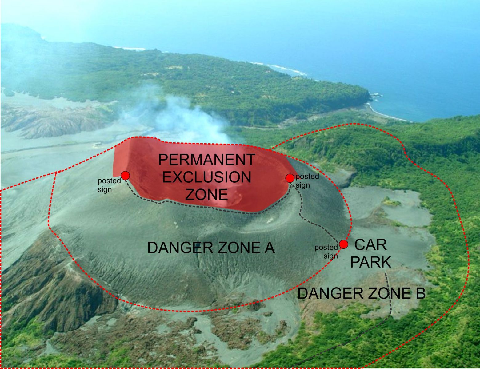 Aerial view of the Yasur volcano with the exclusion zone and car park. Image credit: Geohazards