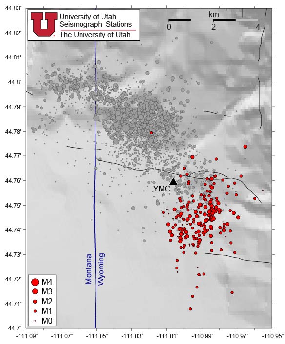 Close-up view of seismicity associated with the current swarm (red circles) compared to locations of the 2017 Maple Creek swarm (gray circles)